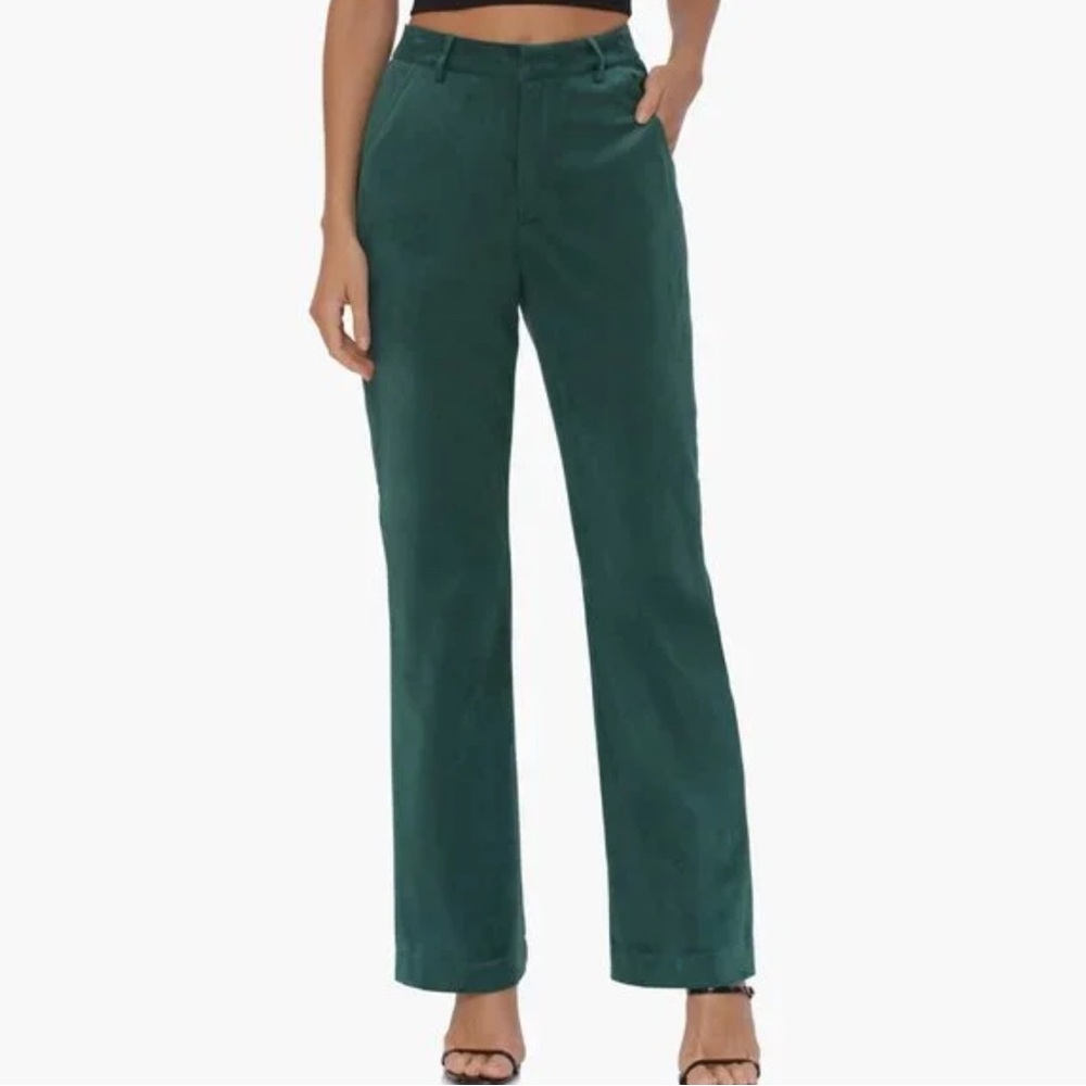 Avec Les Filles Green Velvet/Suede & Satin Stripe Straight Leg Pants NWOT Size 8